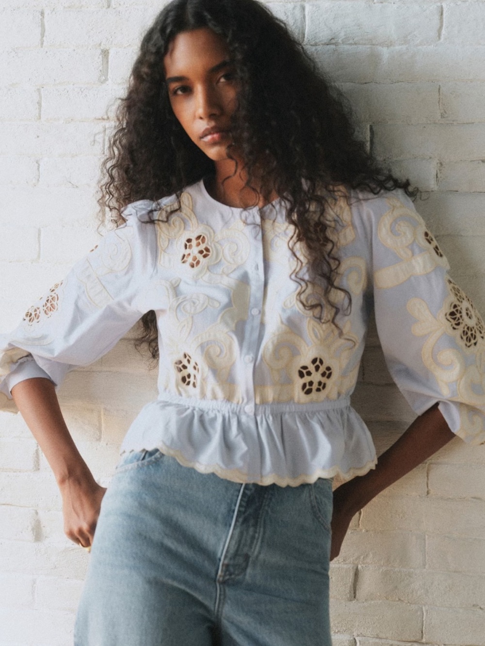 Sezane Avila Shirt - Sézane X Sea Ny Sky Blue With Ecru Embroidery - Size 4